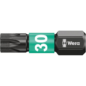A close-up of a Wera 867/1Imp DC Bit TX30/25 Impaktor screwdriver bit from the 10-piece set, featuring a green label and white numbering on the bit’s body.