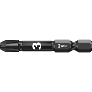 The Wera 855/4Imp DC Bit PZ3/50 Impaktor, available in a 5-piece set, is a black PZ3 screwdriver bit with a hexagonal shaft. This Impaktor bit has a ribbed end to enhance grip and is designed for use with compatible power tools.