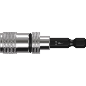 A close-up of a Wera 896/4/1 depth adjust plasterboard bit holder, featuring a silver knurled grip, black hex shank attachment, and an easy-to-use depth adjustment feature.