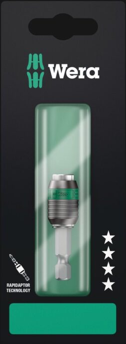 A Wera tool bit adaptor in green and silver packaging, featuring the Wera logo, Rapidaptor technology icon, and four white stars, displayed against a black background.
