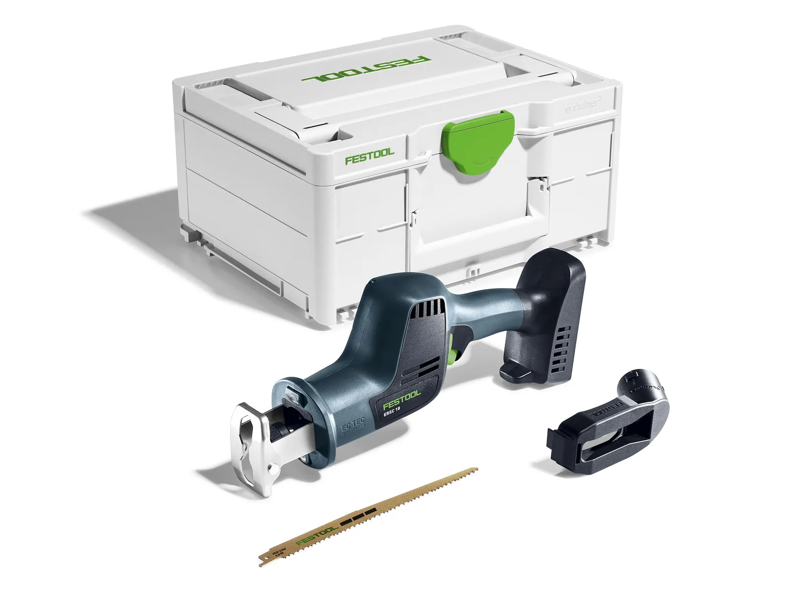 A Festool reciprocating saw with a detachable battery, saw blade, and a white storage case with a green catch are displayed on a white background.