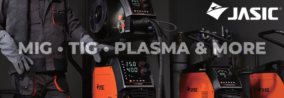 SIP_middle_Banner A person in work gear stands beside orange Jasic welding machines with digital displays.