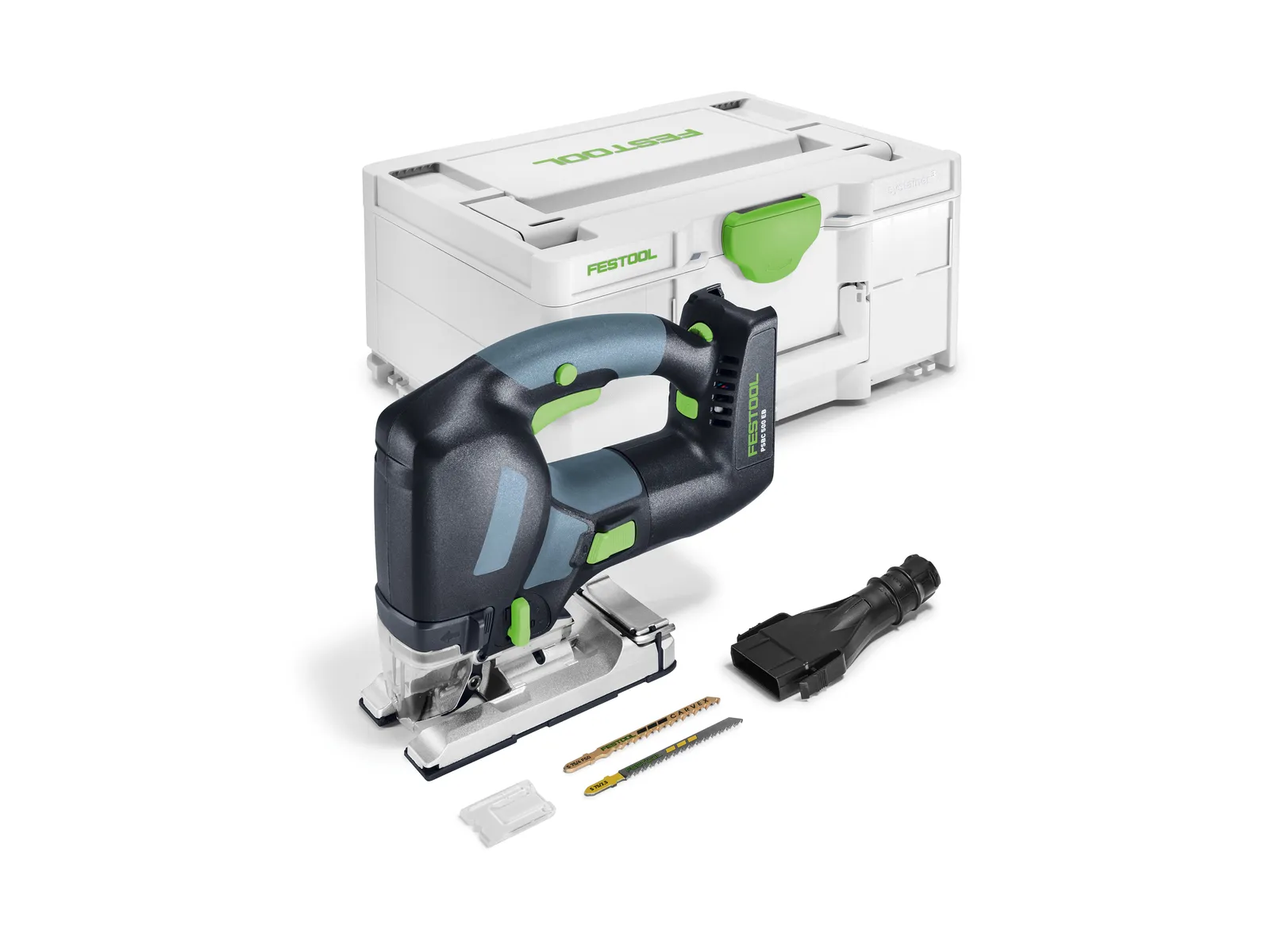 A cordless jigsaw with green accents, accompanied by two saw blades, a battery adaptor, and a white storage case in the background.