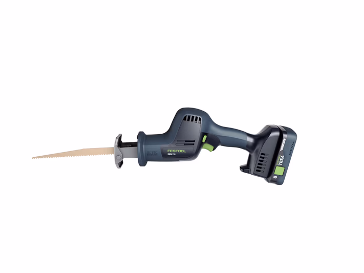 A cordless reciprocating saw with a blue and black handle, silver blade, and green accents, displayed on a white background.