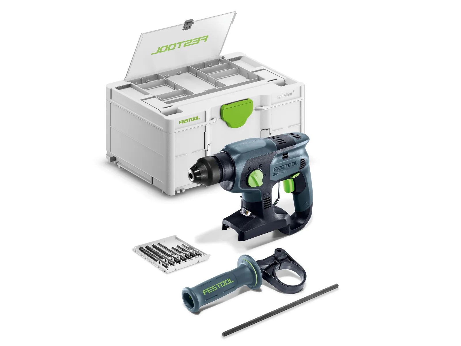 The Festool 578748 Cordless Rotary Hammer Drill KHC-S 18-Basic-Set is displayed with green and black accents, a detachable handle, drill bits, a long rod, and a white storage case on a white background.