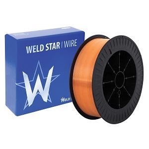 A reel of copper welding wire is shown next to a blue box featuring a large white W and a star graphic.