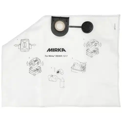 White Mirka vacuum dust bag with a black plastic fitting and cap, and simple black line instructions and diagrams for installation and use.