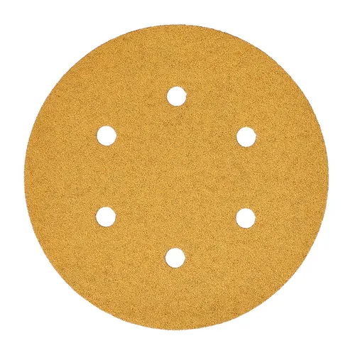 A round, tan Mirka Gold 150mm PSA sanding disc with six evenly spaced holes arranged in a circle near the centre, displayed on a white background.