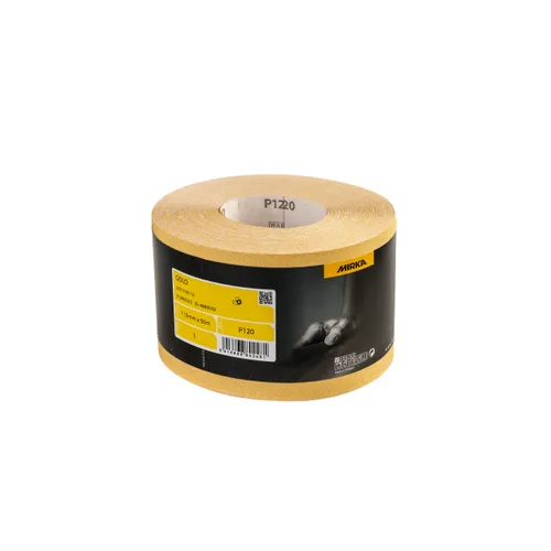 A large Mirka Gold 115mm x 50m sandpaper roll with a black and yellow label showing the Mirka brand and grit number P120 against a white background.