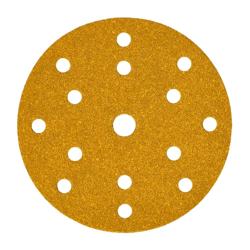 Mirka Gold 150mm Grip Sanding Disc featuring a gold-coloured, round design with fifteen holes for optimal dust extraction, specifically made for use with orbital sanders; the abrasive surface ensures efficient sanding performance.