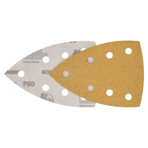 Two overlapping triangular sandpaper sheets—one white and one gold featuring the rough abrasive surface characteristic of Mirka Gold—each measure 100x152x152mm and have Grip 7 Holes. Both are from the Mirka Gold 100x152x152mm Grip 7 Holes (100pc) product line.