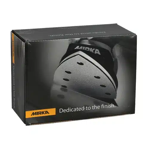 A black and grey Mirka box displays a triangular sanding tool with seven holes. The yellow Mirka logo appears at the bottom left. This is the Mirka Gold 100x152x152mm Grip 7 Holes (100pc), part of the renowned Gold series.