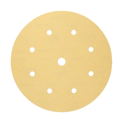 A Mirka Gold 200mm Grip sanding disc featuring nine holes—one central and eight evenly spaced near the outer edge—designed for use with sanding tools; comes in a pack of 50 beige discs.
