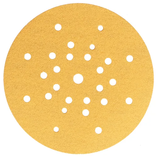 A Mirka Gold 22mm Grip Sanding Disc featuring 27 holes and a centre opening, designed for use with orbital sanders; available in a 25-piece pack.