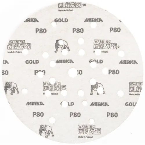 A round, white Mirka Gold sanding disc featuring multiple holes (27 in total), warning symbols, bulldog images, and a 22mm Grip for secure attachment to sanding tools. Sold as a 25-piece pack.