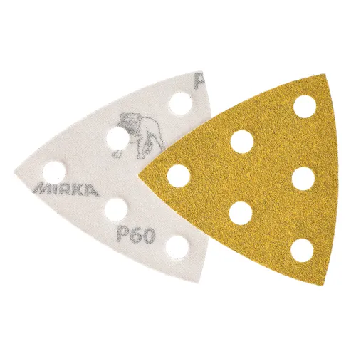 A box of Mirka Gold 93x93x93mm Grip 6 Holes sandpaper sheets sits beside a stack of triangular sanding pads, designed for detail sanders. These pads are ideal for precise work, and the box features a photo of a hand using a sander.