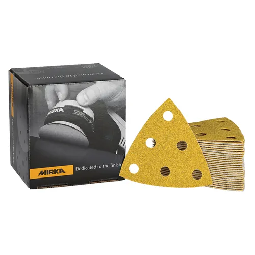 A box of Mirka Gold 93x93x93mm Grip 6 Holes sandpaper sheets sits beside a stack of triangular sanding pads, designed for detail sanders. These pads are ideal for precise work, and the box features a photo of a hand using a sander.