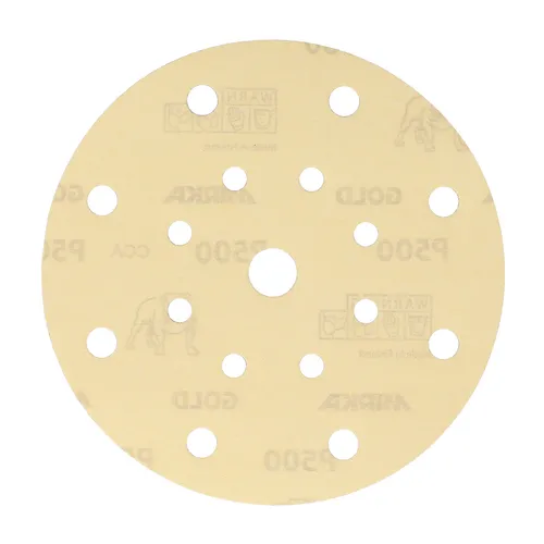 A round, beige Mirka Gold 150mm Grip sanding disc featuring 17 holes arranged in a pattern, clearly identifying it as a high-quality sanding disc from the Mirka Gold range.
