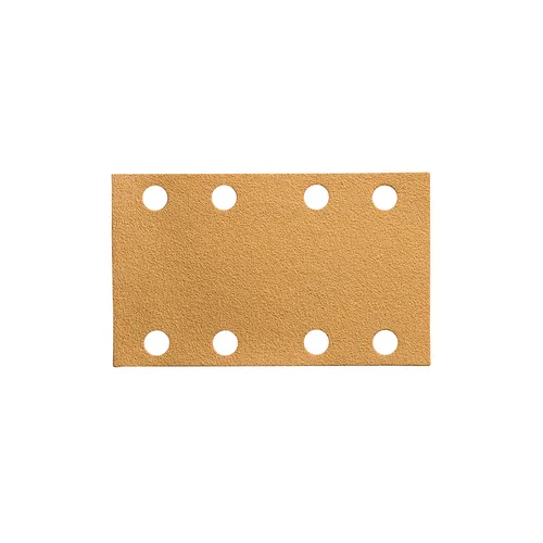 A rectangular Mirka Gold sanding sheet with a coarse surface and eight evenly spaced circular holes, designed for optimal dust extraction and smooth sanding results.