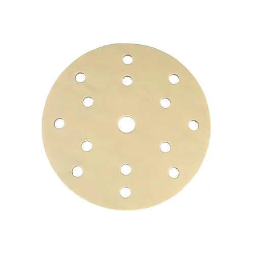 A round, beige sandpaper disc with multiple evenly spaced holes arranged in a circular pattern, viewed from above on a white background.
