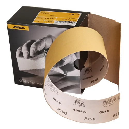 A box of Mirka Gold 70mm x 36.6m PSA sandpaper with a partially unspooled roll, showing the P150 grit label and Mirka logo on the underside.
