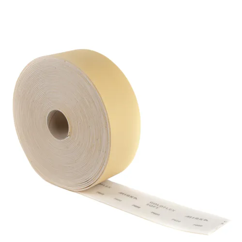 A tightly wound Mirka Goldflex Soft 115 x 125 mm Perforated Roll, featuring adhesive-backed foam tape with a yellow protective layer partially peeled away, is displayed against a white background.