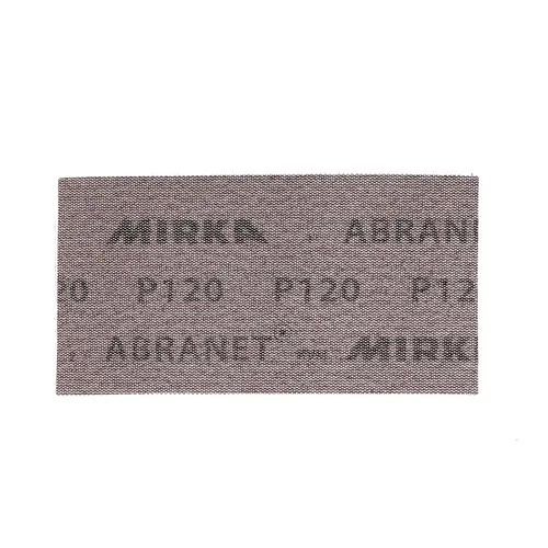 The Mirka Abranet 75x100mm Grip (50pc) features rectangular sheets measuring 75x100mm with a grey mesh surface. The Grip backing ensures secure attachment for efficient and consistent sanding performance.