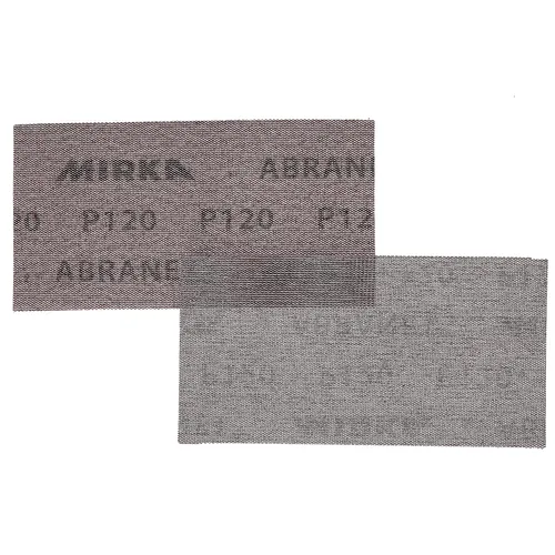 Two rectangular Mirka Abranet 75x100mm Grip sanding sheets are shown: one with distinct labelling and the other displaying the plain grey abrasive side. Both feature a woven texture for effective sanding performance.