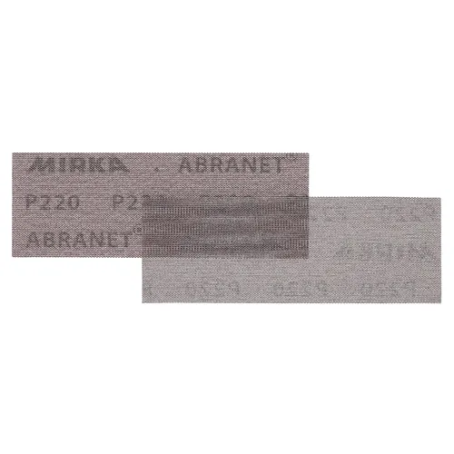 Two rectangular sanding sheets overlap, each made from a greyish, translucent mesh material featuring the P220 grit, designed for secure attachment and optimal sanding performance.