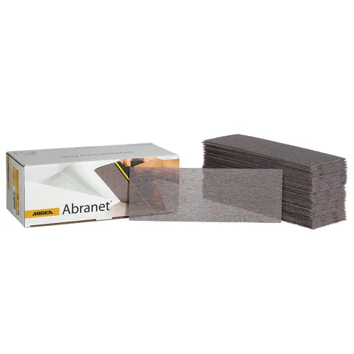 A box of Mirka Abranet 70x420mm Grip (50pc) sanding sheets is displayed beside a stack of individual rectangular mesh sheets, with one 70x420mm Grip sheet standing upright in front of the stack.