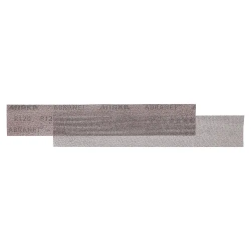 Two rectangular sanding sheets—one a darker brown and the other a lighter grey—are placed side by side on a white background. Featured among them is the Mirka Abranet 81x230mm Grip (50pc), delivering versatile and effective sanding options for your projects.