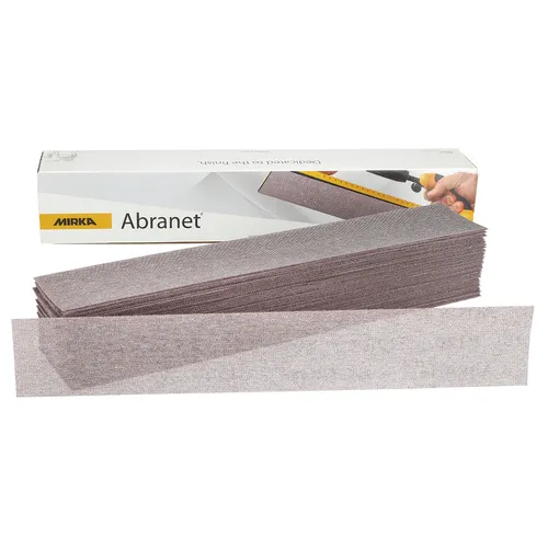 A stack of Mirka Abranet 81x230mm Grip sanding sheets (50 pieces) is displayed in front of a white box.