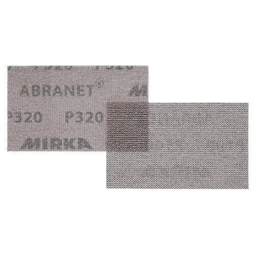 Two rectangular mesh sanding sheets are shown; the left sheet is part of the Mirka Abranet line, whilst the right sheet displays only its mesh pattern. Both grey sheets overlap slightly and are designed for optimal dust extraction and smooth finishes, making them ideal for use with 77mm Grip systems such as the Mirka Abranet 77mm Grip (50pc) set.
