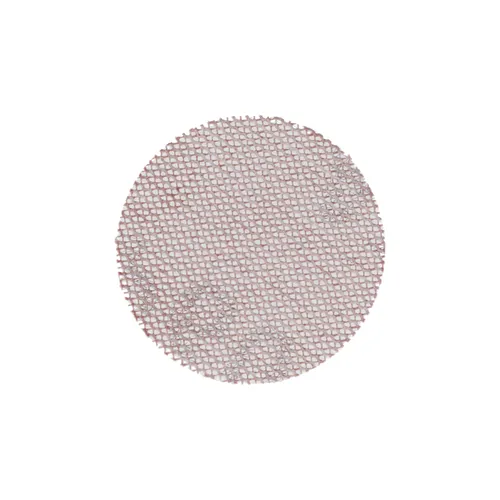 A round, flat mesh disc with a grid-like pattern, appearing metallic and slightly reflective, set against a white background—ideal for use as a sanding disc like the Mirka Abranet 34mm Grip (50pcs).