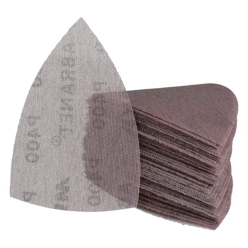 A stack of triangular mesh sanding sheets, such as the Mirka Abranet 175mm Grip (50pc), with one sheet lifted to display its texture, featuring a 175mm Grip design for easy attachment.