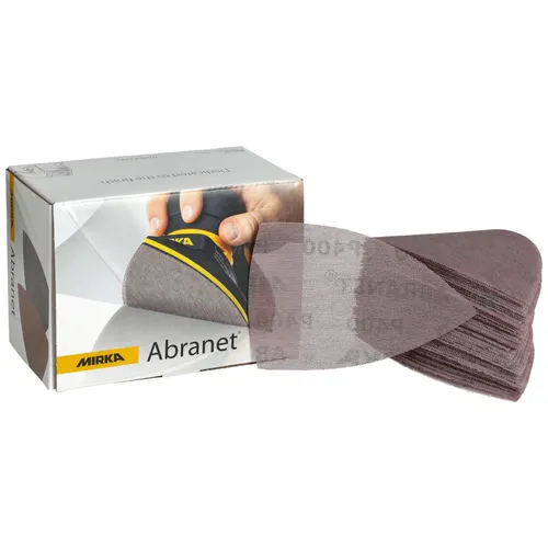 A box with an image of a hand using a sanding tool on the packaging. Stacks of grey, mesh sanding sheets and 175mm grip sanding discs are partially pulled out of the box.