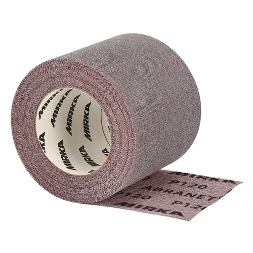 A partially unrolled Mirka Abranet 115mmx10m Grip Roll sits with its brownish, cylindrical mesh abrasive surface visible.