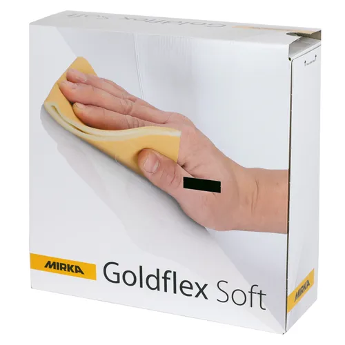 A hand presses a yellow flexible sanding pad against a white surface. A box and a nearby perforated sanding sheet roll are also visible.