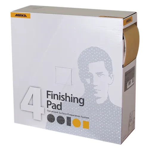 A white box with Mirka branding, a partial graphic of a man’s face, and a roll of beige finishing pads visible on the side.