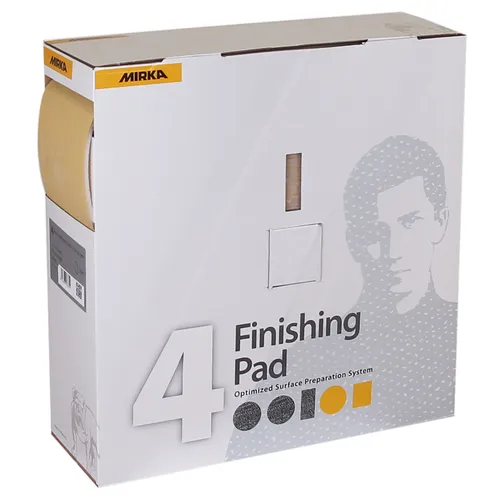 White box labelled Mirka 4 Finishing Pad Optimised Surface Preparation System with a visible roll of pad material inside.