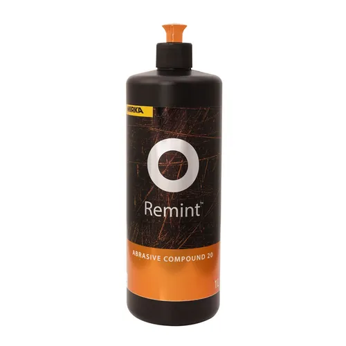 A black bottle with an orange cap and orange accents, used for polishing or buffing surfaces.