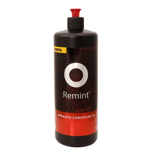 A black bottle of Mirka Remint Abrasive Compound 30 with a red cap and label, containing 1 litre of product.