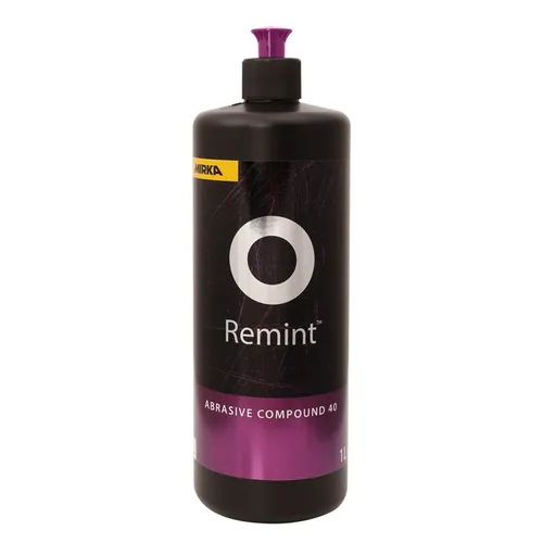 A bottle of Mirka Remint Abrasive Compound 40 with a black and purple label. The bottle has a black cap and contains 1 litre of product.