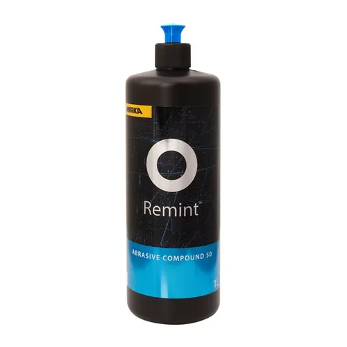 A 1-litre black bottle of Mirka Remint Abrasive Compound 50 with a blue nozzle and label, designed for polishing and surface correction.