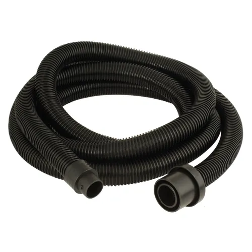 A coiled black, flexible corrugated hose with connectors at each end, set against a white background.