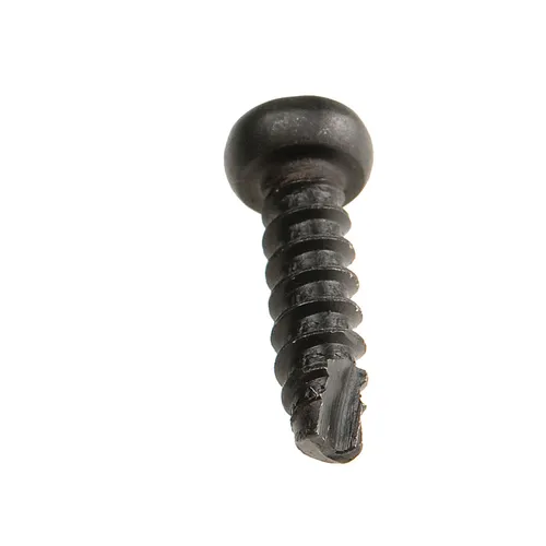 A close-up view of a black metal screw with a damaged or broken tip, set against a white background.