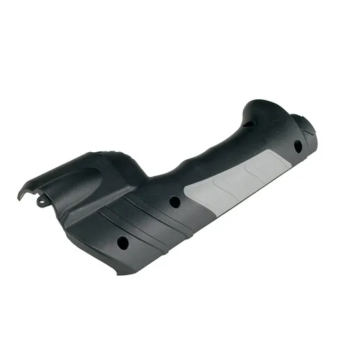 Black and grey plastic handle or grip featuring a textured surface and multiple holes, likely a part of a tool or appliance.