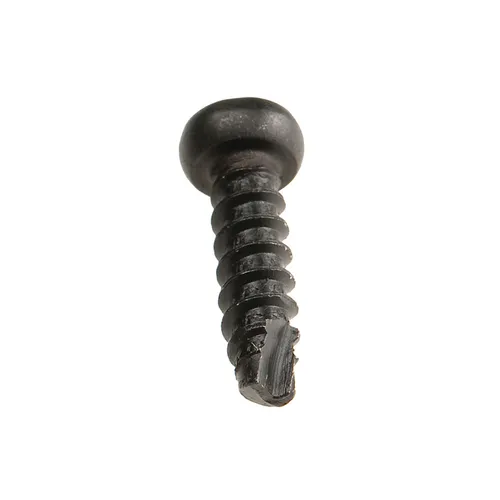 A black metal screw with a rounded head and a damaged, broken tip, isolated on a white background.