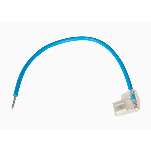 A short blue electrical wire with an exposed end and a clear plastic right-angle connector on the other end, isolated on a white background.