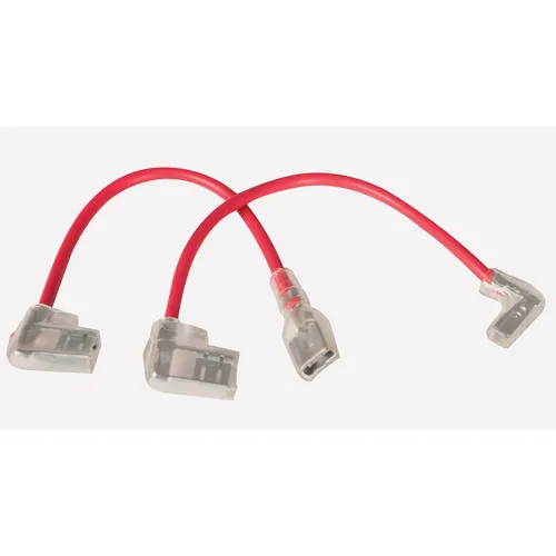 Two short red electrical wires with clear plastic right-angled connectors on both ends, placed side by side on a light background.
